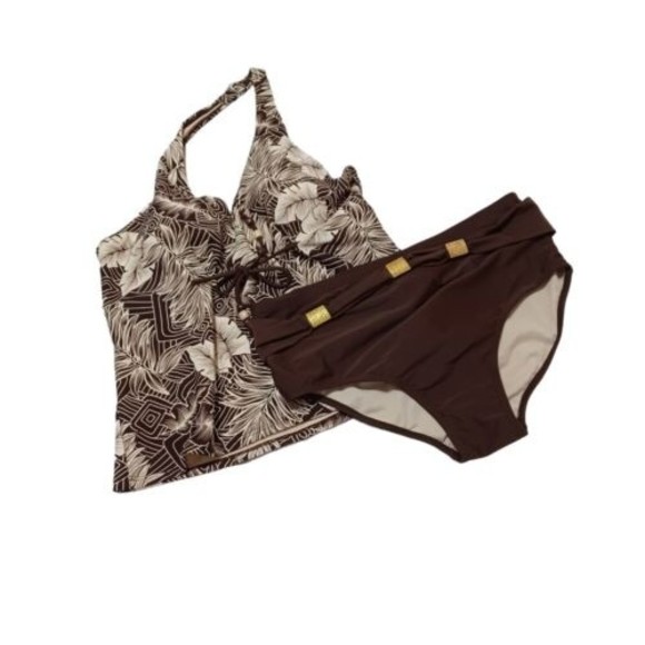 Faded Glory 1x Halter Tankini With Matching Bikini Bottom Brown/Tan Fern Pattern - Picture 2 of 11